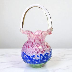 Stunning Vintage Hand-Blown Murano-Inspired Spatter Art Glass Basket 9” Tall Pink, Blue, & Green &quot;End-of-Day&quot; Spatter