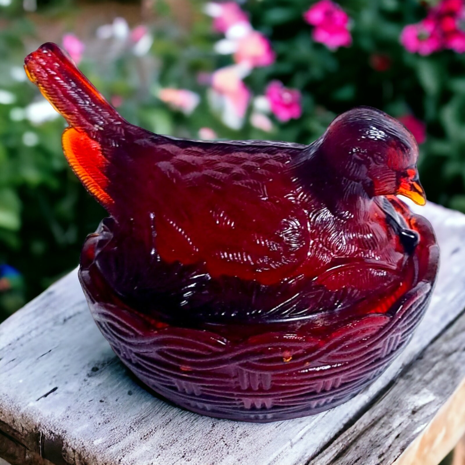 Vintage Ruby Red Glass 2 Piece Dove Bird on Nest Basket Lidded 