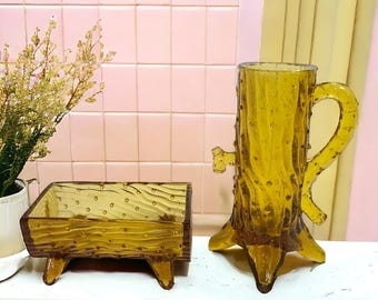 Vintage Northwood LG Wright Reproduction en verre ambré avec pompe et crémier pour tronc d'arbre et sucre ouvert
