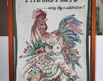 Rare Vintage FITZ AND FLOYD Rooster Tapestry Banner Fabric Hanging Dealer Display Sign 16"x 25" with Fitz & Floyd Wood Frame Stand