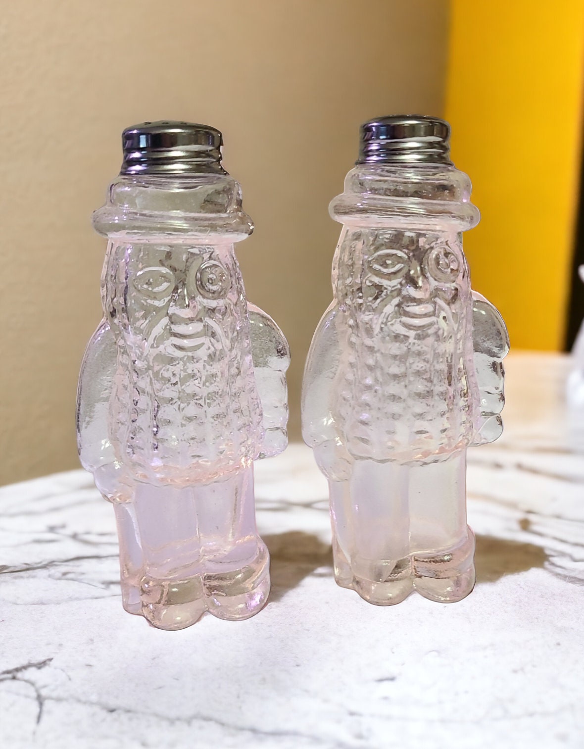 Vintage Pink Glass Planter's Mr. Peanut Salt & Pepper Shakers 5.5