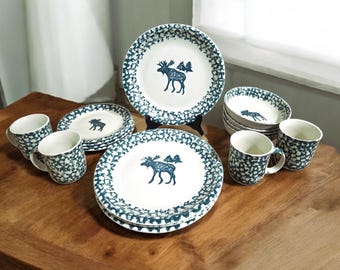Vintage Tienshan Folk Craft Moose Country 16-Pc Dinnerware Set • Stoneware Cabin Dishes • Spongeware Moose Plates Bowls Mugs Service for 4