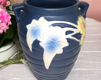 Vintage Roseville Art Pottery REPRODUCTION Blue Double Handle Vase 685-7