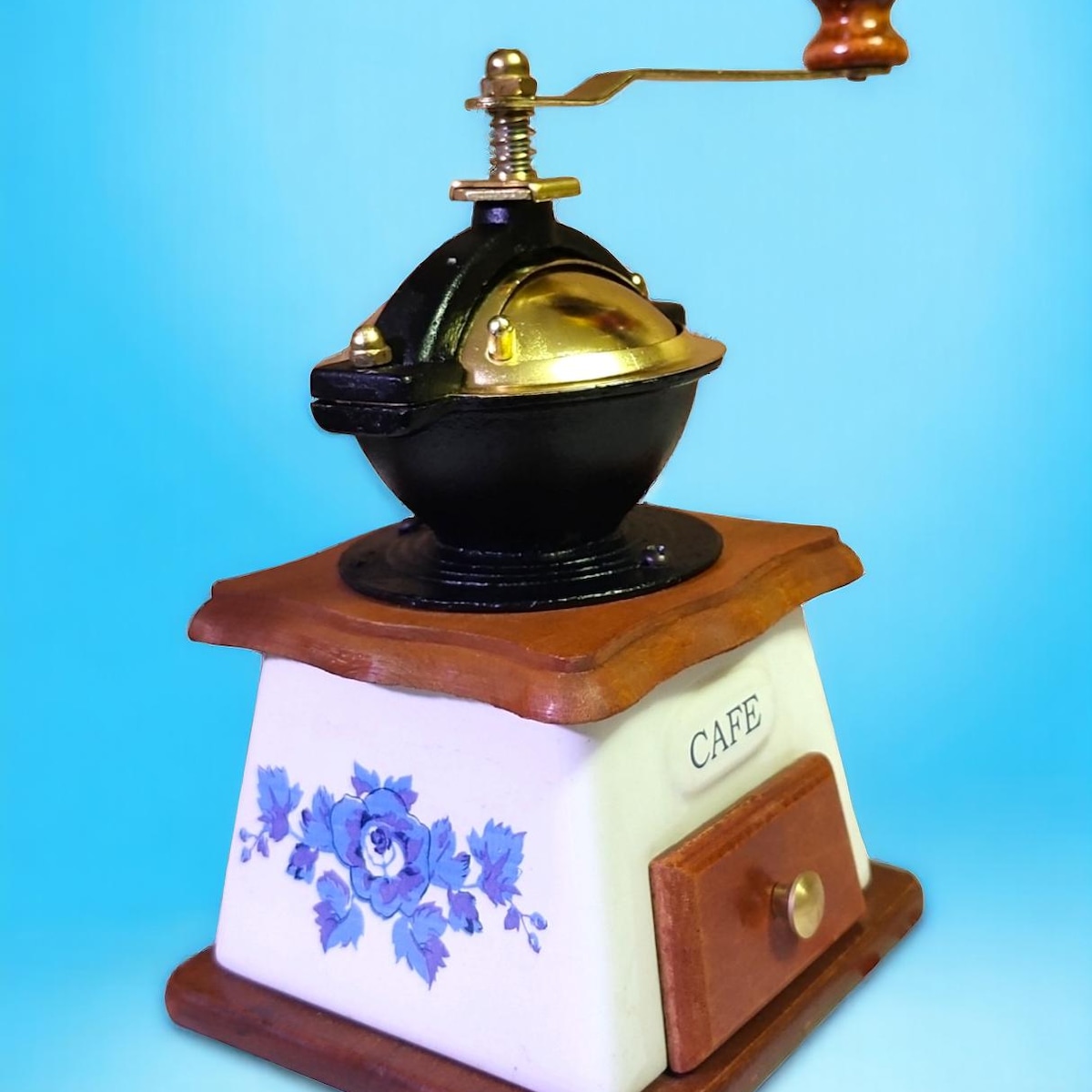 Vintage Blue Delft Style Cafe Coffee Mill Burr Grinder Porcelain, Wood, Brass Tone Metal, Iron NOS - Etsy