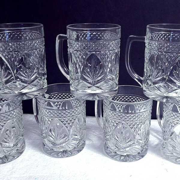 Set of 7 Cristal D'Arques J.G. Durand Luminarc Arcoroc USA Clear "Antique" Pressed Glass Coffee Mugs