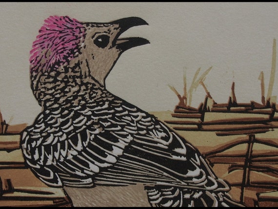 Linocut of a male Great Bowerbird displaying around its bower
