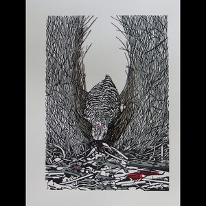 Linocut of a male Great Bowerbird displaying around its bower