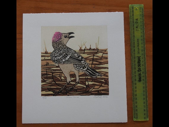 Linocut of a male Great Bowerbird displaying around its bower