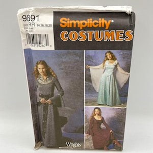 May include: A Simplicity Costumes sewing pattern envelope, number 9891, featuring size range RR 14, 16, 18, 20. The package displays three variations of long-sleeved, floor-length dresses with different necklines, sleeve styles, and fabric textures.