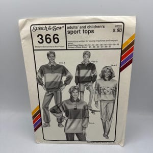 May include: A white paper sewing pattern envelope for Stretch & Sew adults' and children's sport tops, pattern number 366. The front features black and white illustrations of four people wearing various long-sleeved sport tops and pants.