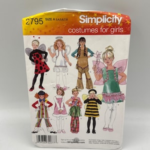 May include: Simplicity sewing pattern 2795 for costumes in size A 3,4,5,6,7,8. The package features illustrations of various outfits including a ladybug, angel, fringe dress, fairy, clown, pink dress, floral skirt, and bumblebee with yellow and black stripes.