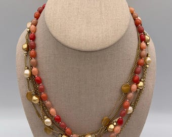 Monet Multi-Strand Necklace Coral & Gold Tones Layered Beaded Boho Layered Chic