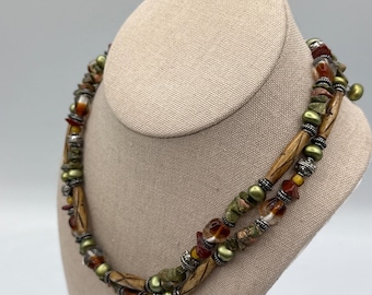 Chico's Double Strand Necklace Brown Green Earthy Layered Boho Nature Adjustable