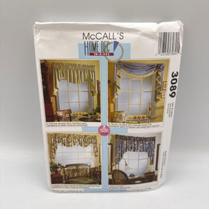 May include: A McCall's Home Dec sewing pattern envelope, number 3089, featuring illustrations of four different window valance styles. The white paper envelope displays images of cascade, fishtail, and other decorative valance designs for windows.