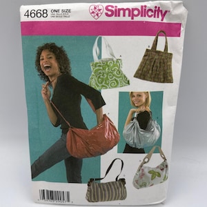 May include: Simplicity pattern 4668 for various handbag styles. The envelope displays a large red hobo bag, a green and white swirl print tote, a brown pleated bag, a silver metallic hobo bag, a striped shoulder bag, and a floral print bag.
