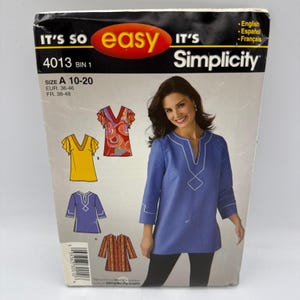 Simplicity Sewing Pattern 4013 Misses Tunic Size 10-20 V-Neck Easy Lagenlook