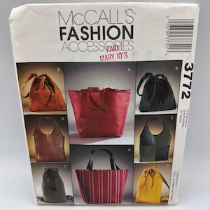 May include: A McCall's Fashion Accessories sewing pattern envelope, number 3772, featuring illustrations of various handbag styles including drawstring bags, tote bags, and shoulder bags in colors like red, brown, black, yellow, and striped patterns.