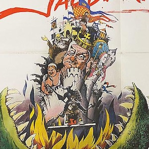 Könnte beinhalten: Vintage-Filmplakat für "Jabberwocky" mit einer farbenfrohen, fantastischen Illustration. Der Titel ist in großen, roten, stilisierten Buchstaben gehalten. Das Poster zeigt ein Monstermaul mit Flammen und eine Burgszene.