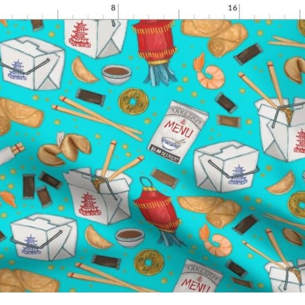 Retro Chinese Takeout Fabric, Aqua Blue Asian Fabric,  Chow Mein Design, Fortune Cookie, Chop Sticks, Egg Roll, Asian Fabric, Carryout