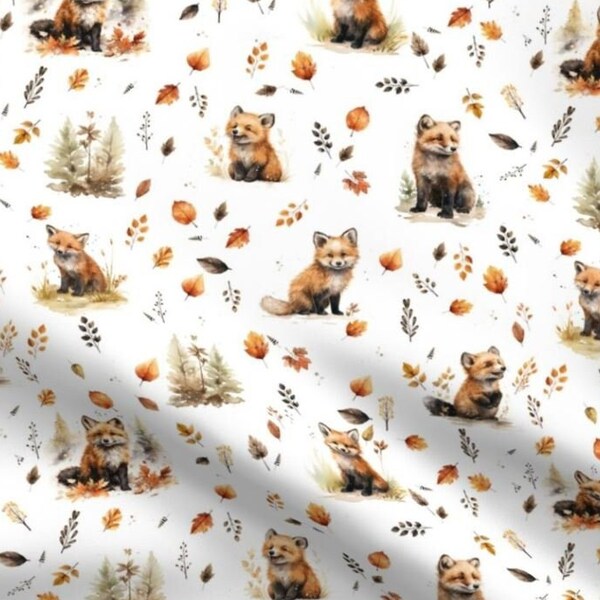 Watercolor Woodland Cute Little Red Fox Fall Leaves Rust Orange Children Design Whimsical Botanical Animal Nature White Minky Cotton Fabric