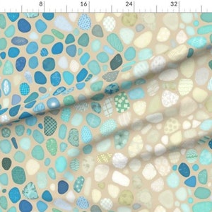 Sea Glass Cheater Quilt, Beach House, Whole Cloth Quilt Top, Pastel Aqua Blue Tan Nautical, Beach Glass Pattern, Sea & Sand, Coastal Fabric