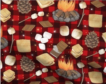 S'mores Fabric, Red Buffalo Plaid,  Fireside Minky, Red Plaid Minky, Roasted Marshmallows, Outdoor Poplin, Camping Blanket Fabric, Quilt