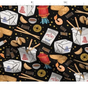 Chinese Takeout Fabric, Black Gold Lantern, Chow Mein Design, Fortune Cookie, Chop Sticks, Egg Roll, Asian Fabric, Carryout Delivery