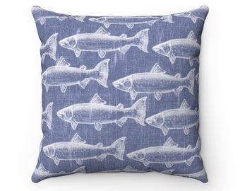 Chalk Fish Rustic Farmhouse Blue Square Pillow Country Western Bedding Trout Fishing