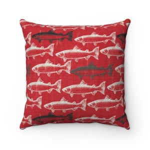 Red Farmhouse Pillow Red Rustic Country Red Fish Decor Western Fish Pillow Trout Fishing Gift