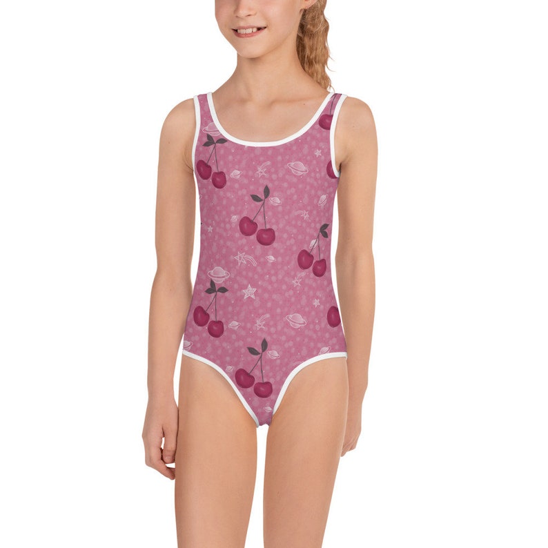 Cherry Pink Saturn Star Girls Swimsuit Beachwear KidsKim Marshall Studio