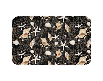 Starfish Seashell Bath Mat Black, Seaweed Shower Rug, Shell Nautical Bathroom Decor, Beach House Modern