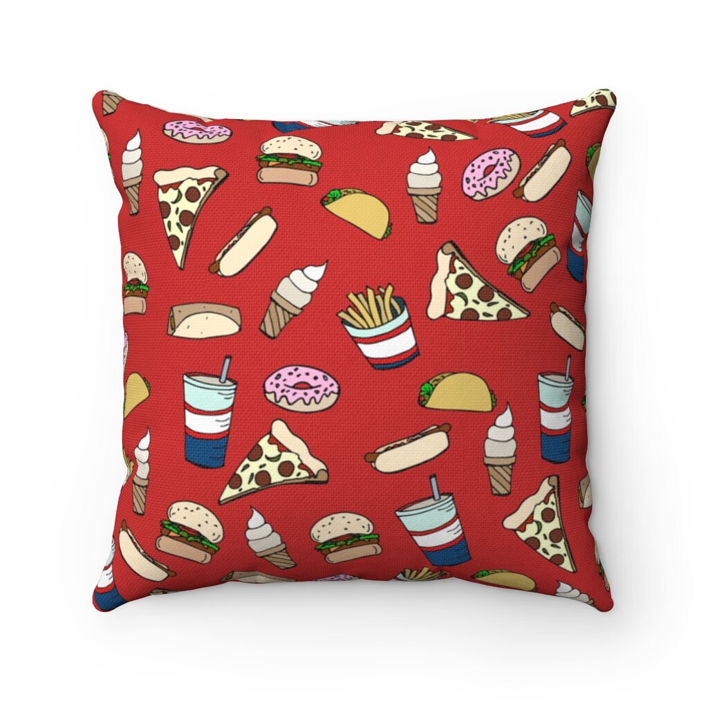 Red Teen Pillow, Fast Food Pizza Bedding, Hamburger, Taco Novelty Decor, Icecream Hipster, Kids Room