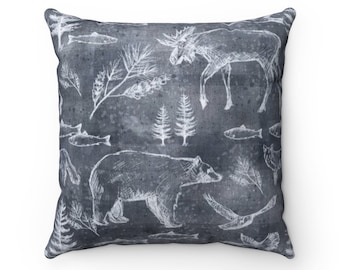 Rustic Slate Gray Pillow, Lake House Cabin Decor, Woodland Animal Print, Fisherman Chalk Style Cushion, Bear, Moose, Pine Tree Mountain