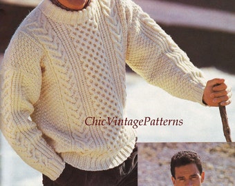Mens Knitted Sweater, Traditional Aran Pattern, PDF Knitting Pattern, A Classic Sweater
