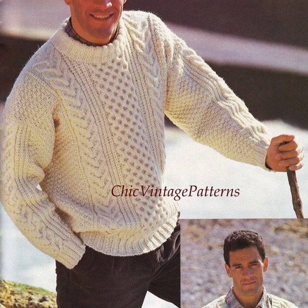 Mens Knitted Sweater, Traditional Aran Pattern, PDF Knitting Pattern, A Classic Sweater