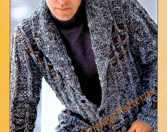 Knitted Men's Jacket Pattern, Windowpane Cardigan, Vintage PDF Knitting Pattern