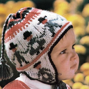 Babies Hat knitting Pattern, 1970's Fair Isle Helmet Hat, Digital Download