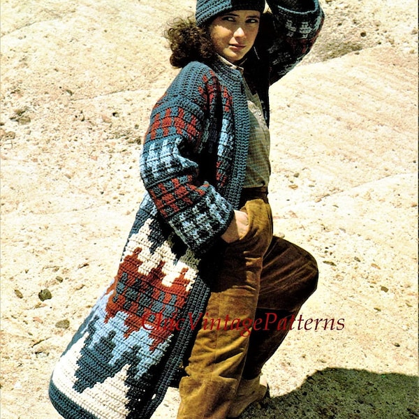 Crochet Coat and Hat Pattern, Ladies Crochet Coat,  Instant Download, Striking Vintage Fashion Coat and Hat