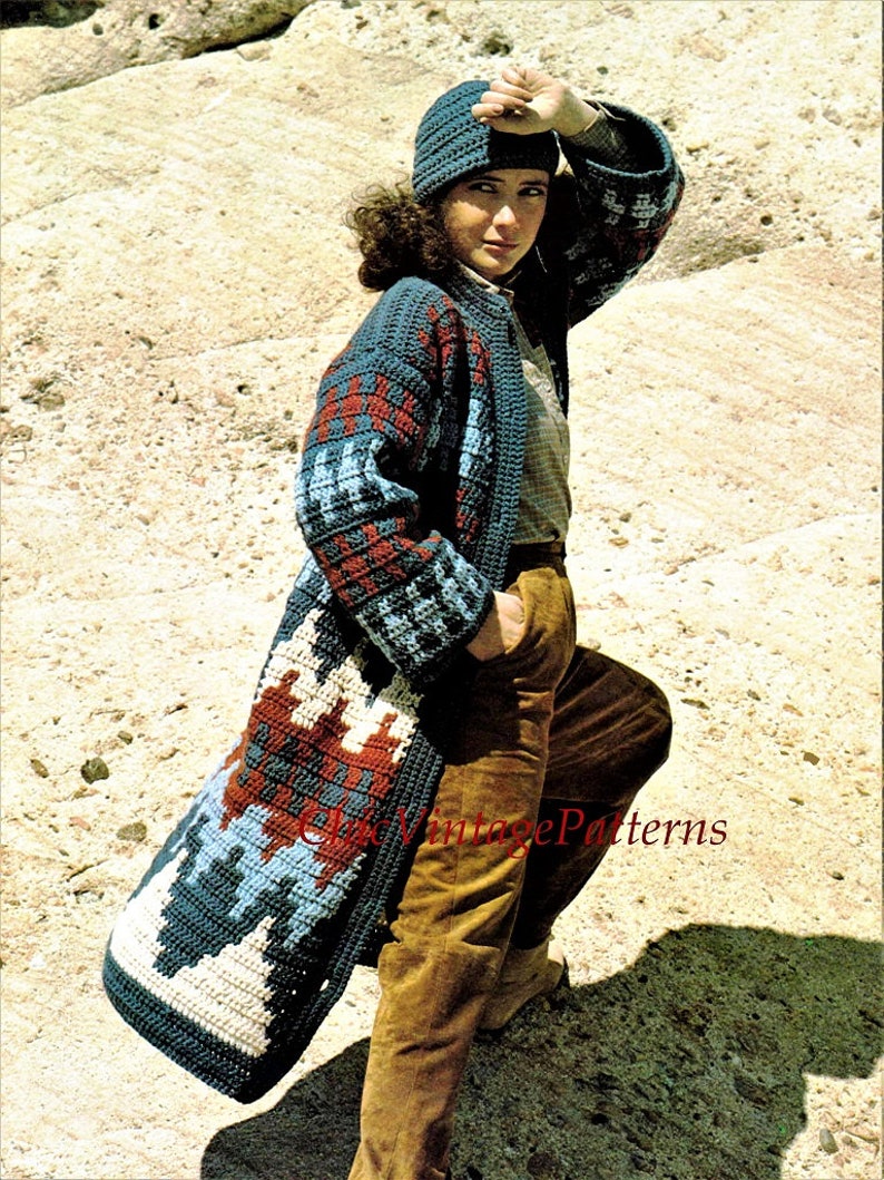 Crochet Coat and Hat Pattern, Ladies Crochet Coat, Instant Download, Striking Vintage Fashion Coat and Hat image 1