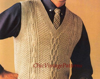 Men's Cabled Vest Pattern, Vintage Sleeveless Vest, PDF Knitting Pattern