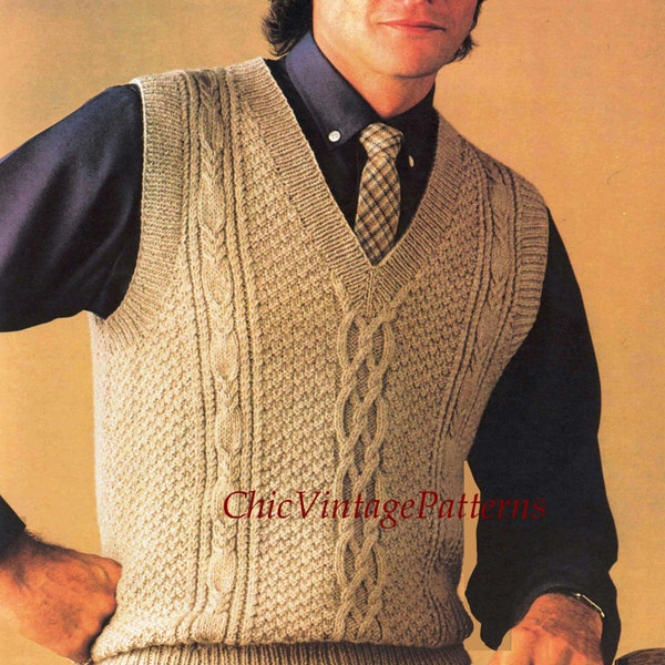 Men's Cabled Vest Pattern, Vintage Sleeveless Vest, PDF Knitting Pattern