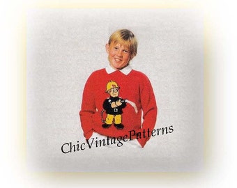 Knitted Childrens / Adult Sweater, Fireman Sam Jumper, PDf Knitting Pattern, Intarsia Pattern, 6 Sizes, Instant Download