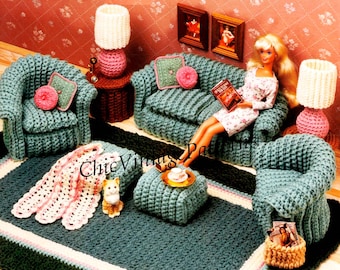 Puppenhaus Muster, häkeln Wohnzimmer Möbel, 33 cm Puppe, Instant Download