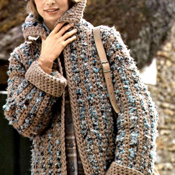 Modello di cappotto vintage all'uncinetto, cappotto a righe da donna, download istantaneo, elegante, intelligente, casual o elegante