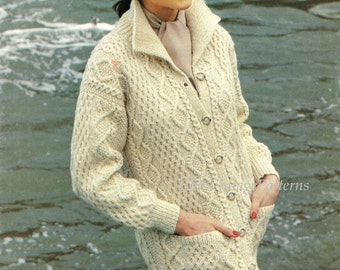 Knitted Jacket Pattern, Ladies Aran Cardigan Long Line Knit, Instant Download