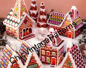 Plastic Canvas Gingerbread Village Pattern, Christmas Decoration, Instant Download
