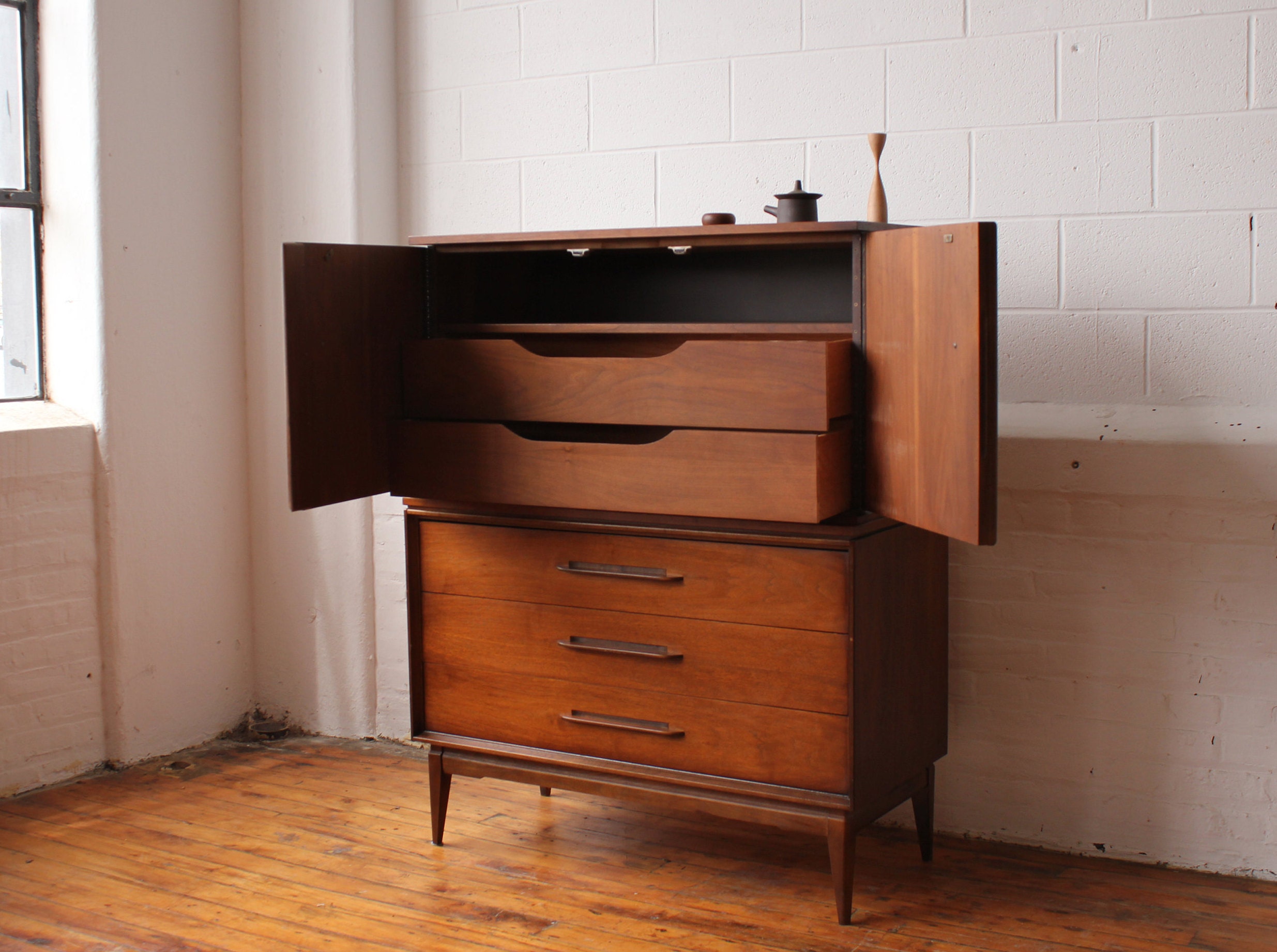 On Hold MCM Walnut Tall Dresser with Carved Pulls