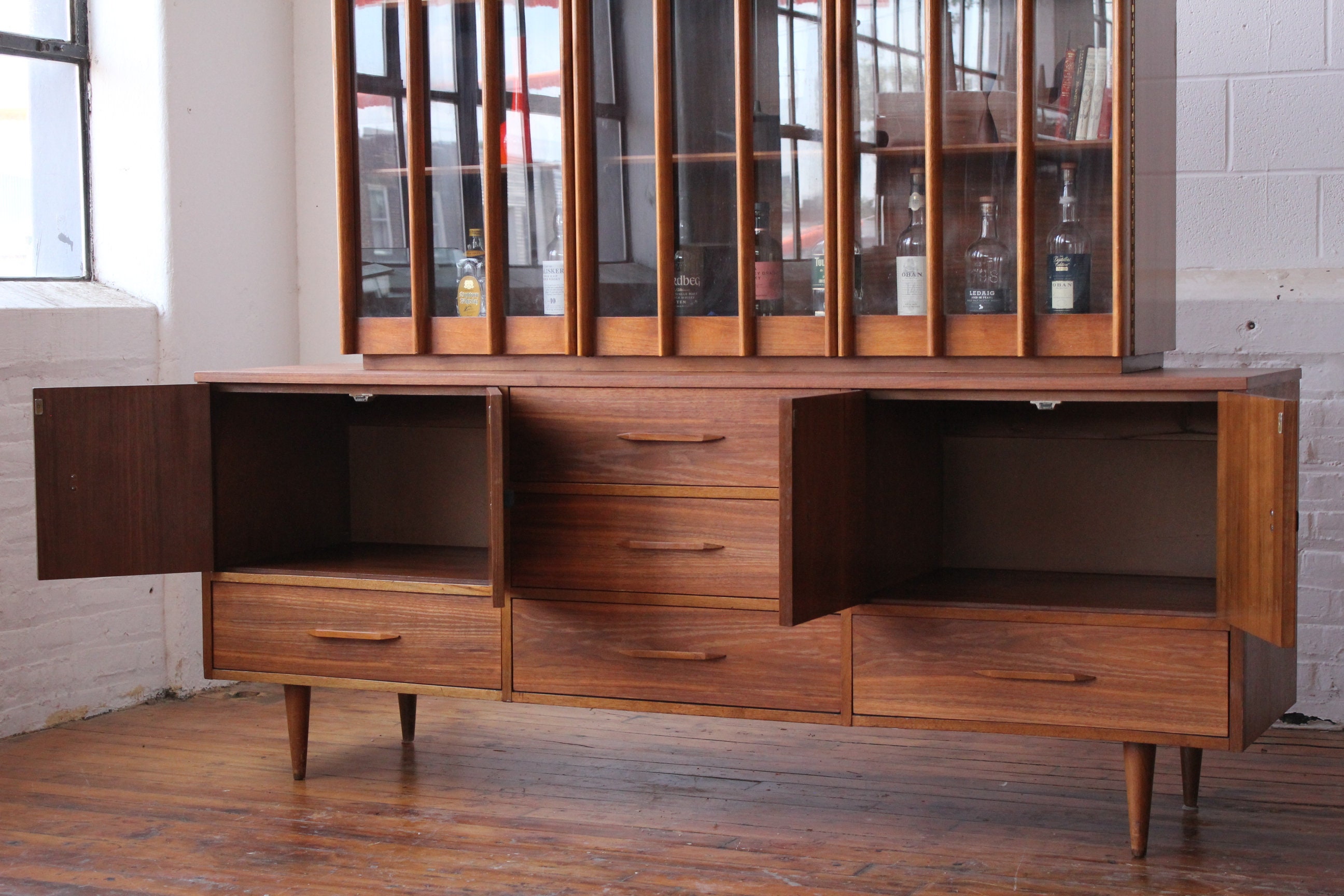 Restored Mid Century Modern Walnut China with Brass Pulls and