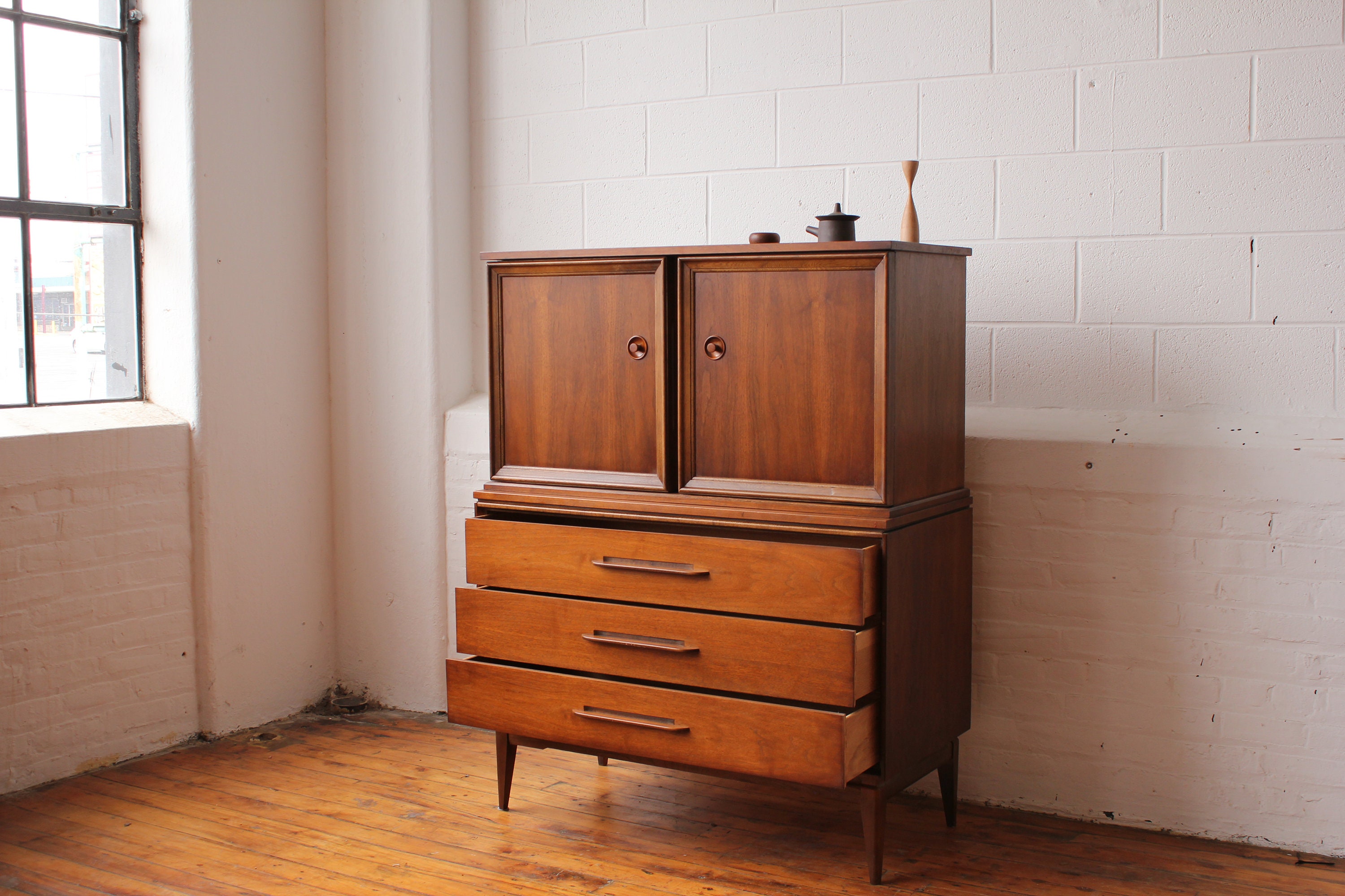 On Hold MCM Walnut Tall Dresser with Carved Pulls