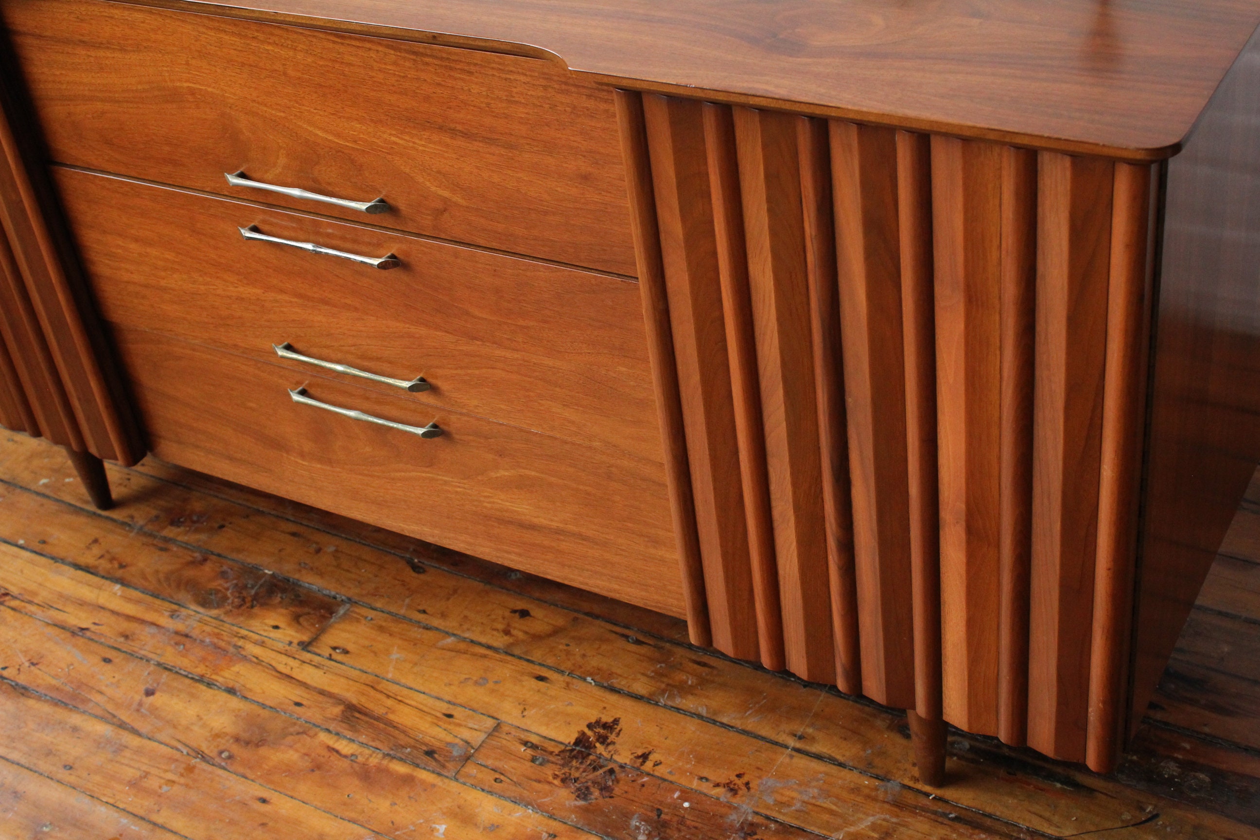 RESERVED Restored Walnut Mid Century Credenza with Brass Bone Pulls